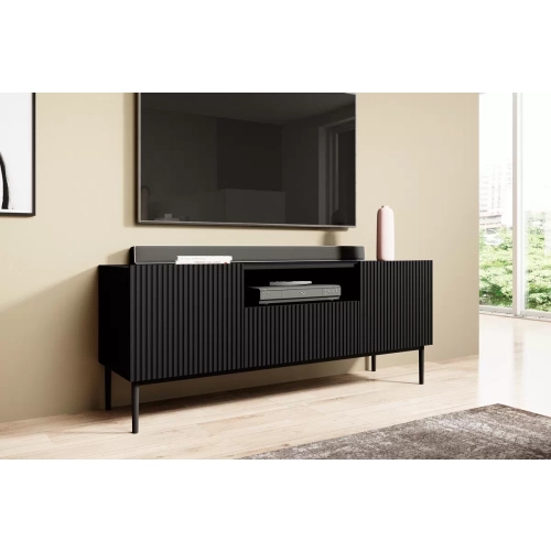 Szafka RTV Nicole 150 cm z szufladą i wnęką - czarny mat / czarne nóżki